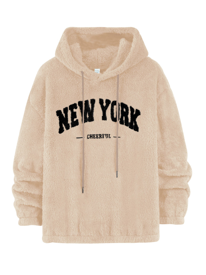 Unisex nan kuscheliger Plüsch-Hoodie mit Chenille-Logo, Kapuze und elastischem Saum Drune