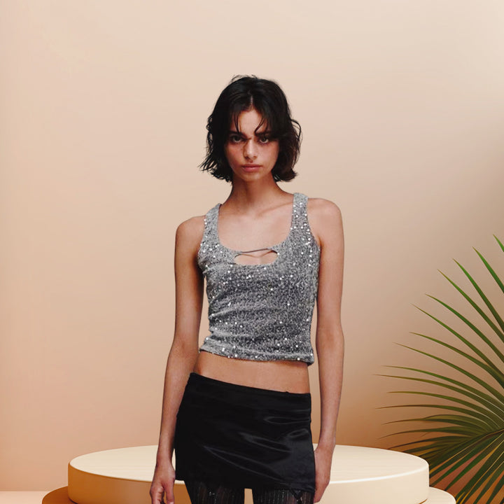 Damen Glitzerndes Crop-Top mit schimmerndem Effekt und scoop-cut Ausschnitt Drune