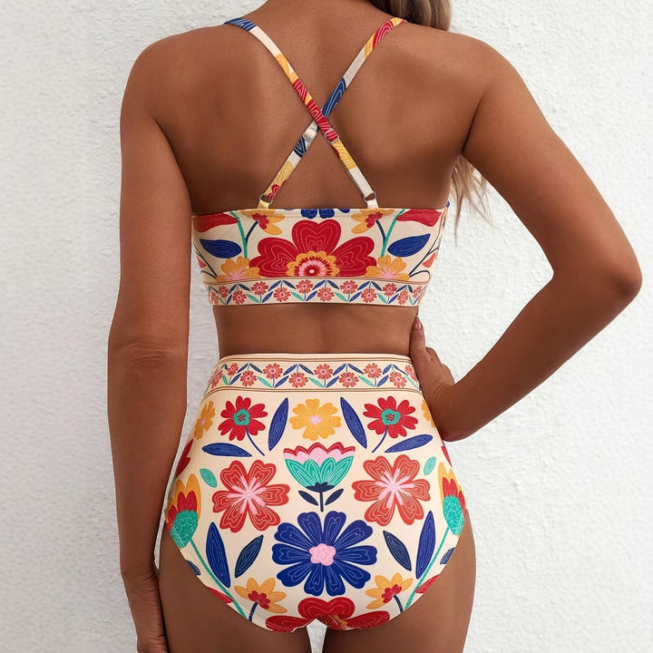 Damen Hoch geschnittener Bikini mit floralem Muster und Leo-Print Drune