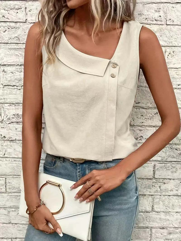 Damen modisches Top mit asymmetrischem Ausschnitt und Knopfdetails Drune