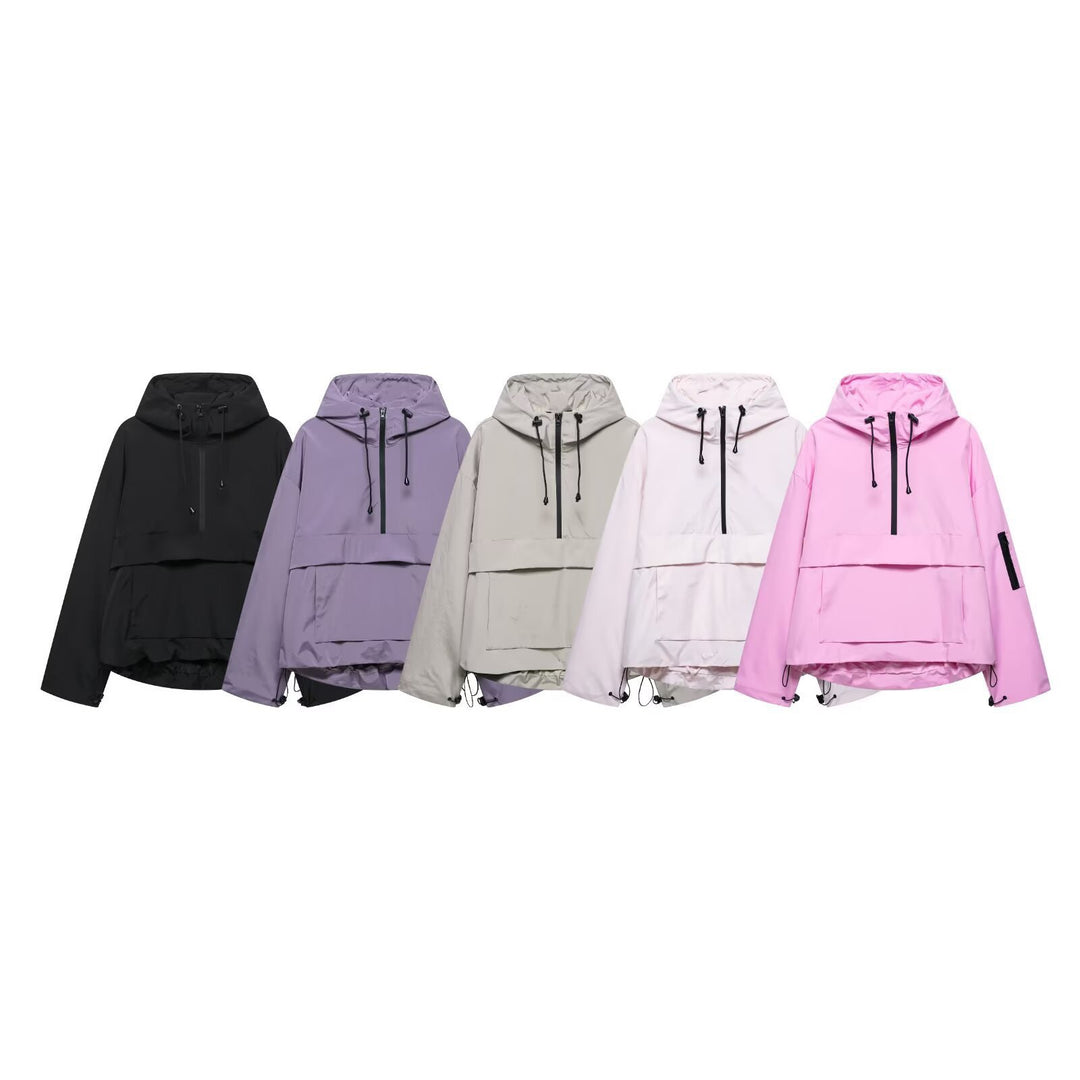 Unisex nan technischer Windbreaker Anorak mit halbhohem Reißverschluss Kapuze und Kängurutasche Drune