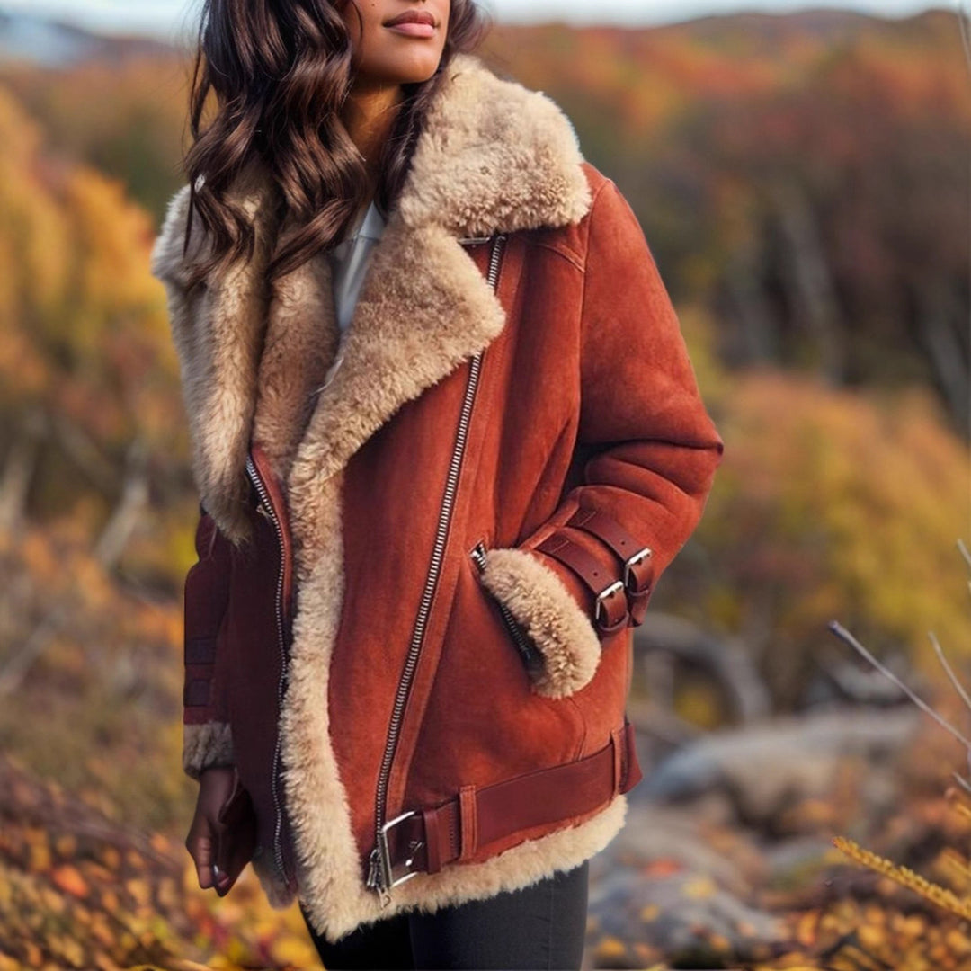 Damen Kurz geschnittene Aviator-Lederjacke mit Teddyfell‑Futter und Reißverschlussdetails Drune