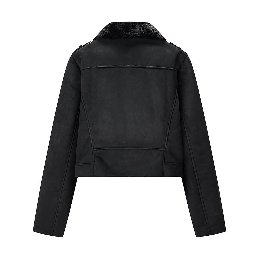 Damen Kurze Bikerjacke mit Kunstfellkragen und Wildlederoptik Drune