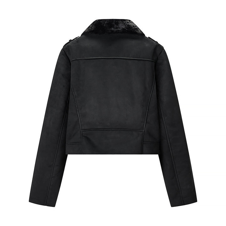 Damen Kurze Bikerjacke mit Kunstfellkragen und Wildlederoptik Drune