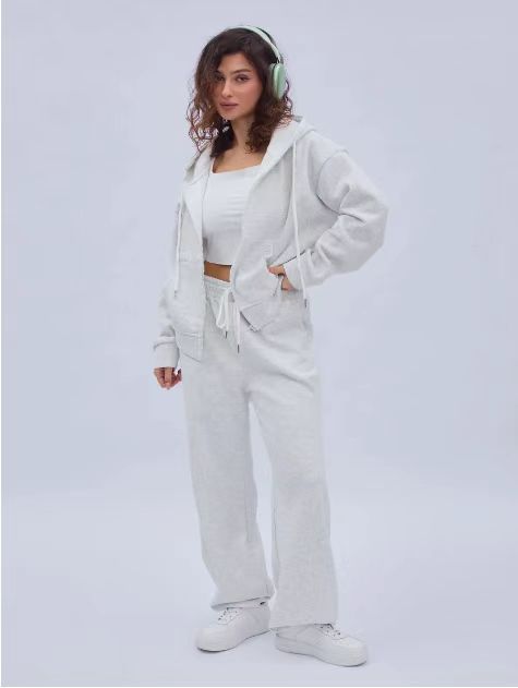 Damen nan zweiteiliges Cozy-Loungewear-Set mit Reißverschlusskapuze, taillenhoher Weitbein-Jogger und verdeckten Eingrifftaschen Drune