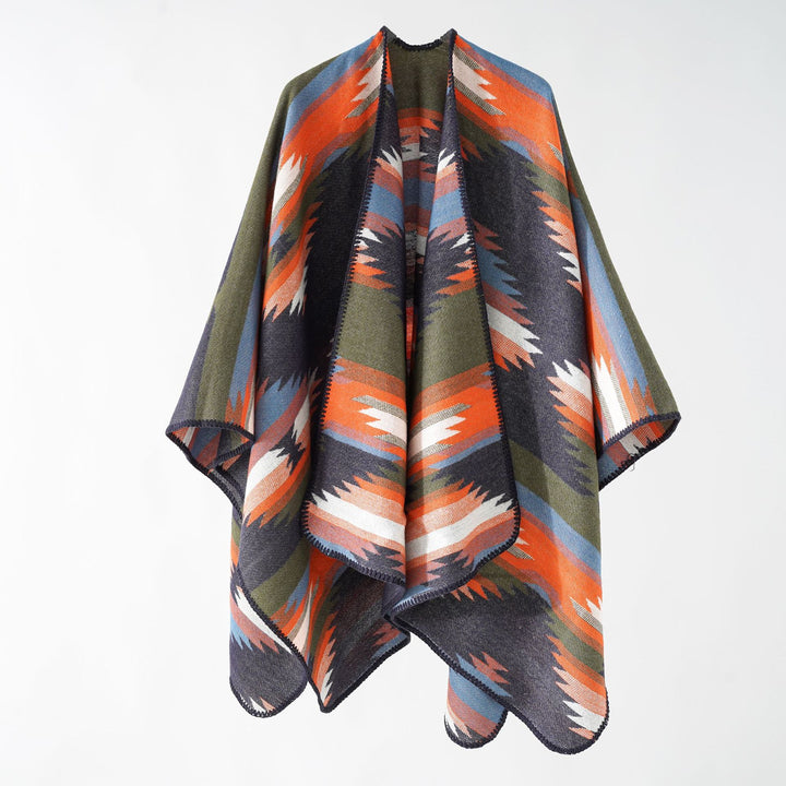 Damen Gewebter Azteken‑Poncho im Oversize‑Überwurf mit Zierkettelnaht Drune