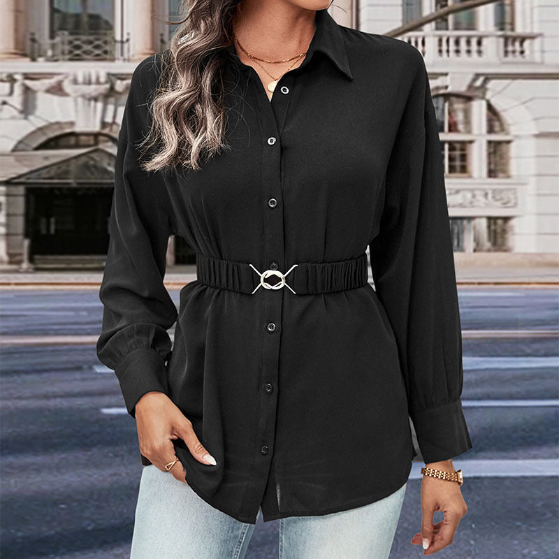 Damen Hemdblusenshirt mit elastischem Taillenband und Schmuckschließe Drune