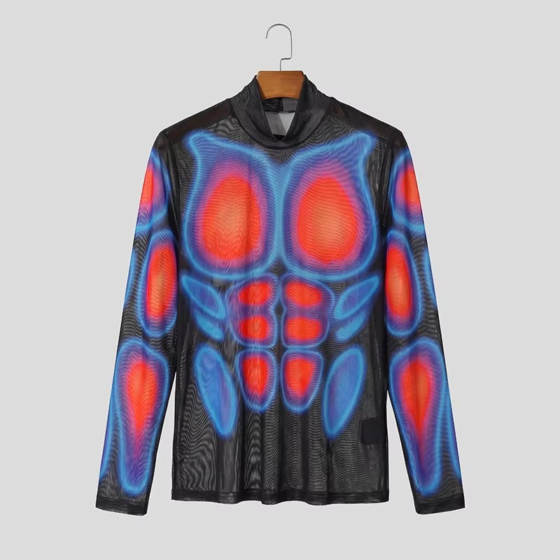 Herren Transparentes Mesh-Langarmshirt mit 3D-Muskeldruck Drune