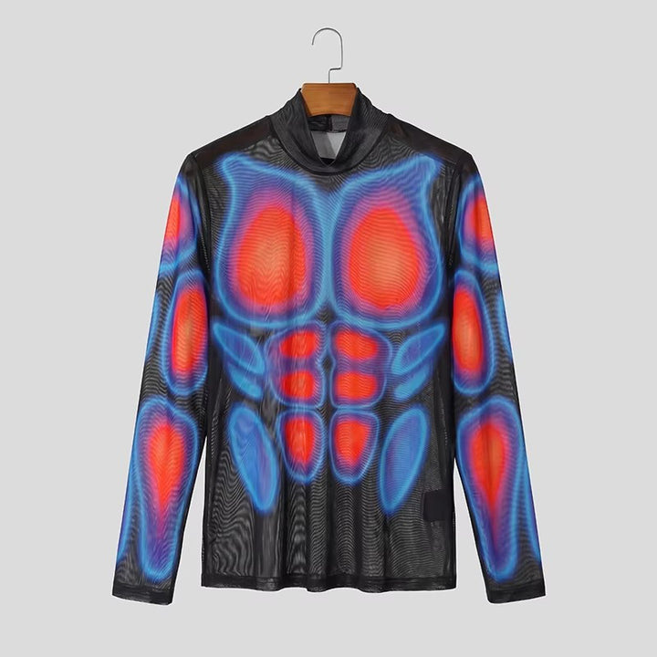 Herren Transparentes Mesh-Langarmshirt mit 3D-Muskeldruck Drune