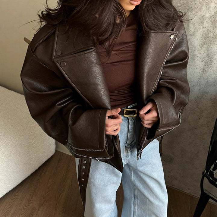 Damen modische Bikerjacke mit breitem Kragen und Taillengürtel Drune