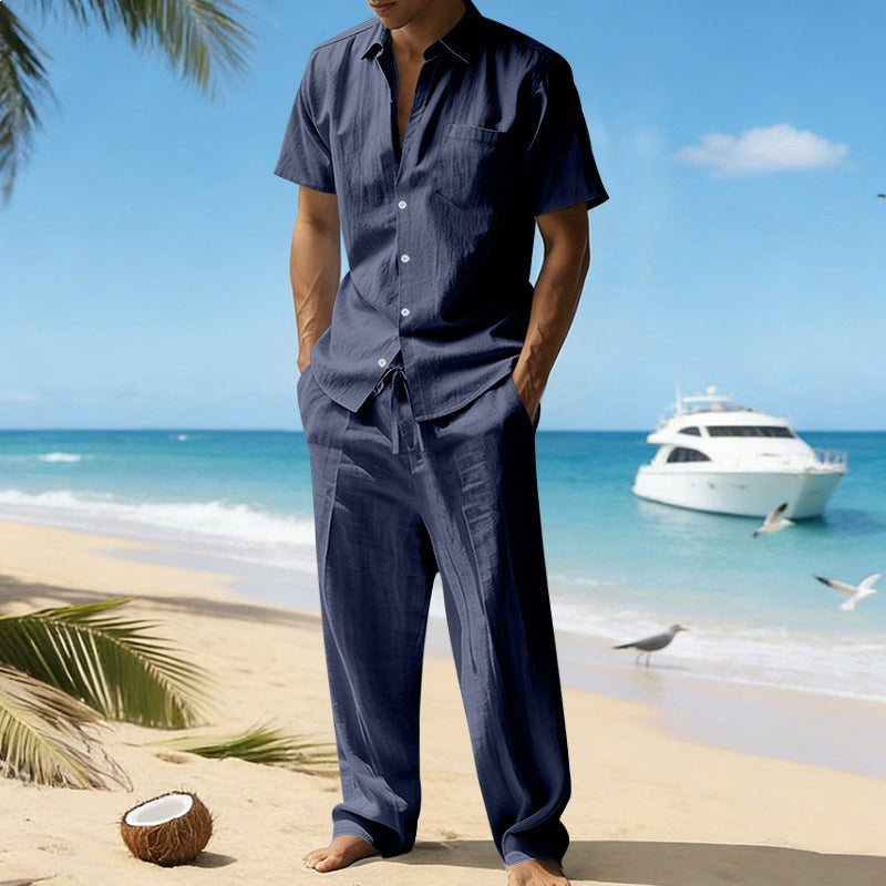 Herren nan resort-taugliches Kurzarm-Hemd mit Brusttasche und lässiger Leinen-Kordelhose Drune