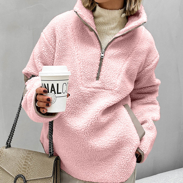 Damen Oversized Sherpa-Fleece Pullover mit halbem Reißverschluss und Kängurutasche Drune