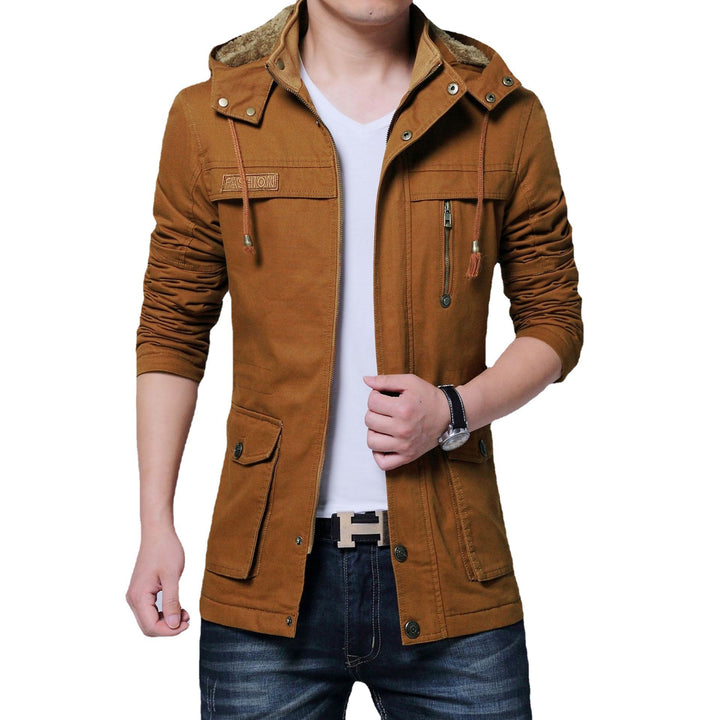Herren Canvas-Parka mit gefütterter Kapuze, Multifunktions-Taschen und verdecktem Reißverschluss Drune