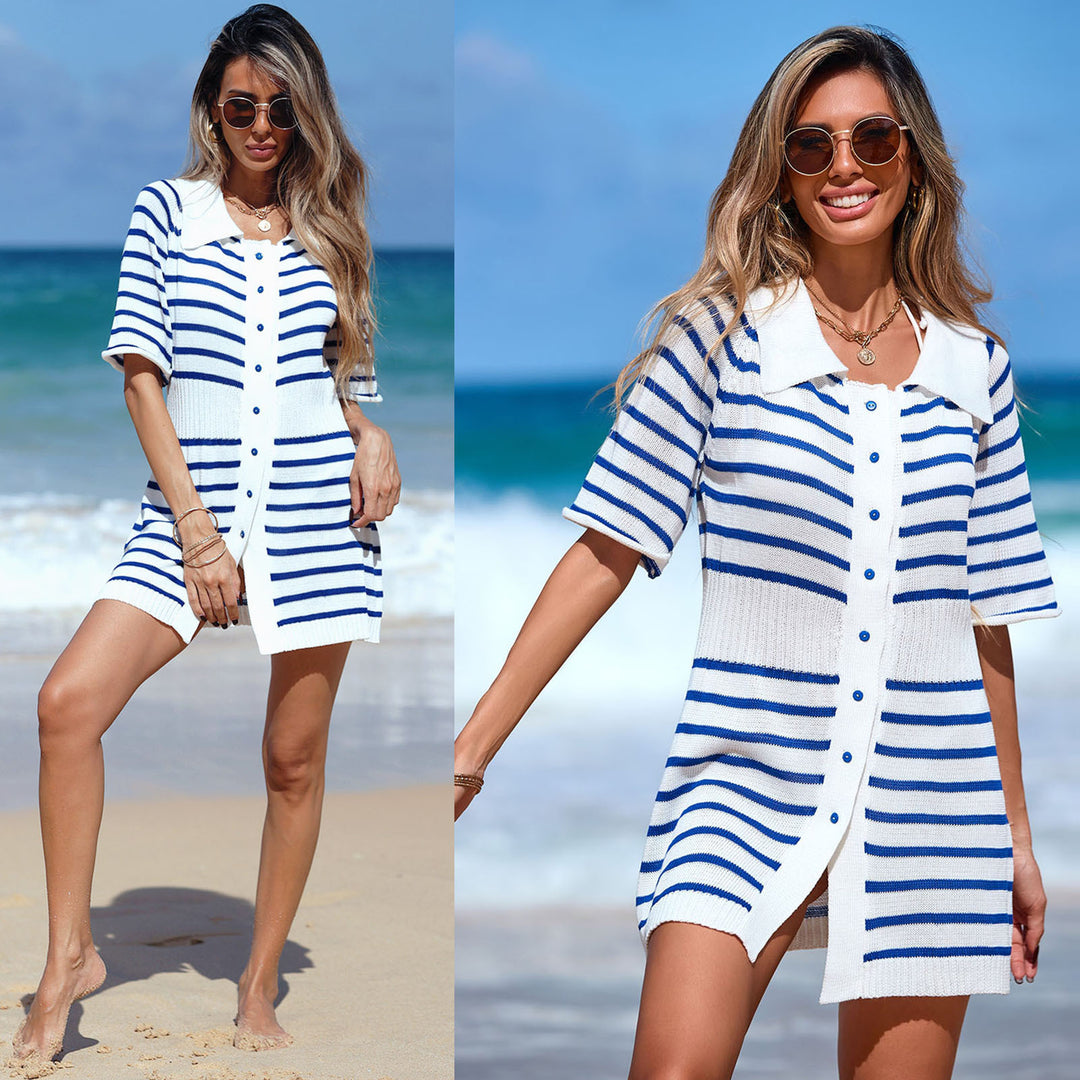 Damen modischer Strandkleid mit gestreiftem Design und kragen Drune