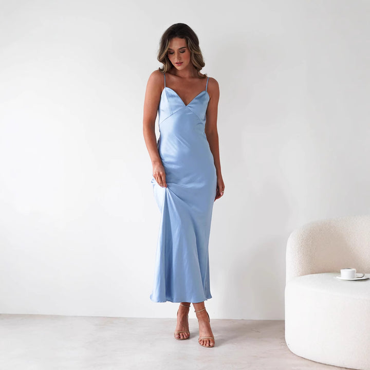 Damen Satin Maxikleid im eleganten Schnitt mit schmalen Spaghettiträgern Drune
