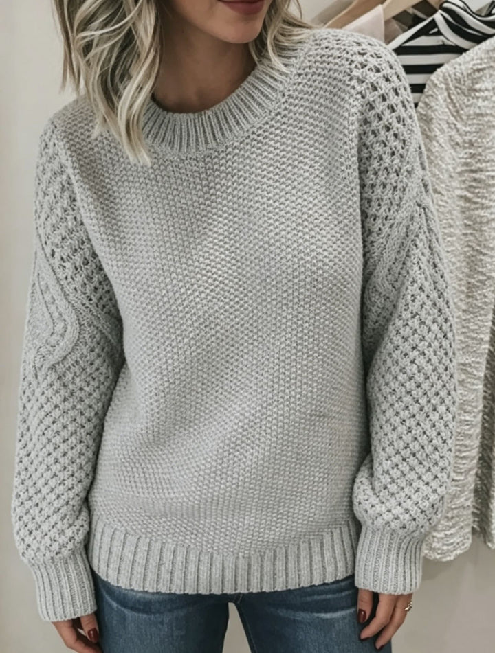 Damen Grobgestrickter Rundhals-Pullover mit Ajour- und Zopfmusterärmeln Drune