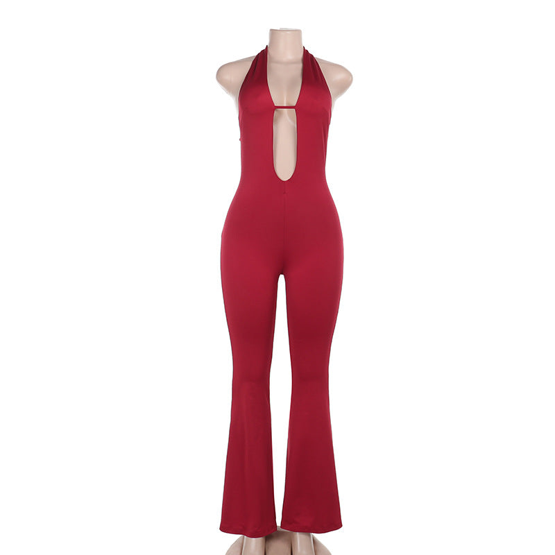 Damen figurbetonter Overall mit tiefem V-Ausschnitt und weitem Bein Drune