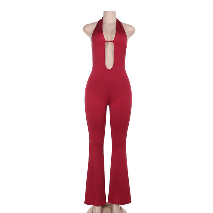 Damen figurbetonter Overall mit tiefem V-Ausschnitt und weitem Bein Drune