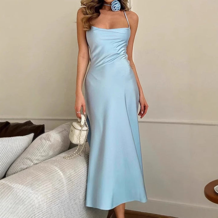 Damen Elegantes Bodenkotan Maxi-Kleid mit schmalen Spaghetti-Trägern und tiefem Ausschnitt Drune