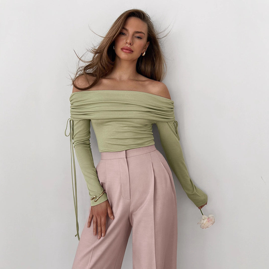 Damen Off-Shoulder Bluse mit Raffungen und langen Ärmeln Drune