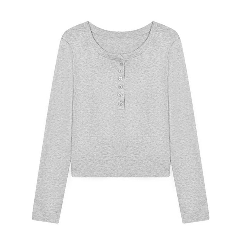 Damen Kurz geschnittenes Henley Langarmshirt aus Baumwolljersey mit Knopfleiste Drune