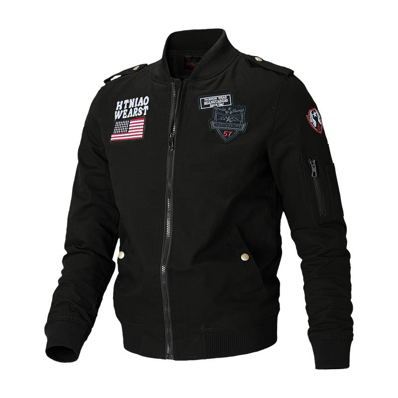 Herren nan militärisch inspirierte Bomberjacke mit gestickten Patches, Ärmeltasche, Schulterpatten und robustem Baumwoll-Twill Drune