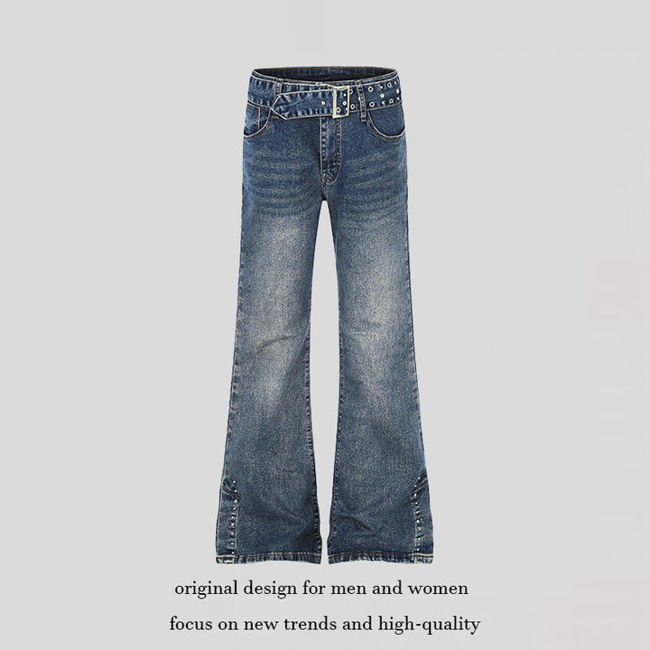 Damen High-Waist Flared-Denimjeans mit Nietenbesatz, weitem Schlag und Ziergürtel Drune