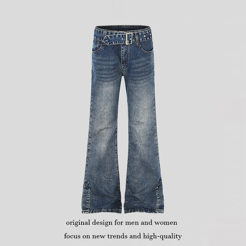 Damen High-Waist Flared-Denimjeans mit Nietenbesatz, weitem Schlag und Ziergürtel Drune