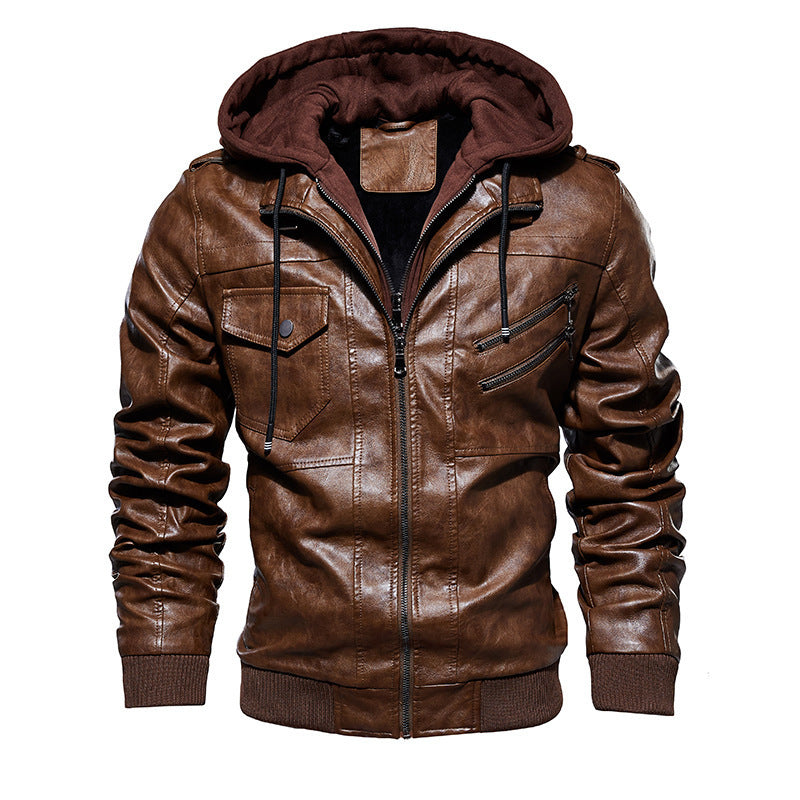 Herren Stylische Kunstlederjacke mit Hoodie Drune