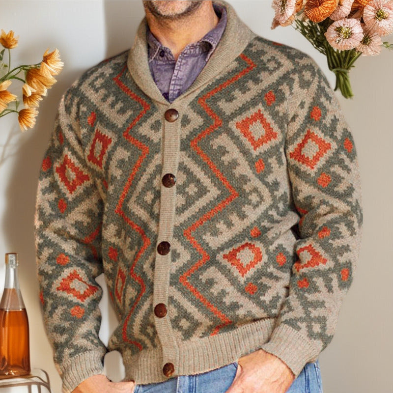 Herren Strickjacke mit traditionellem geometrischen Muster und warmem Schalkragen Drune