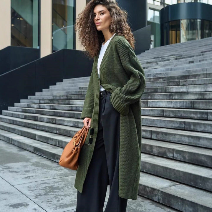 Damen Modischer Strickmantel mit weitem Schnitt und innovativen Knopfdetails Drune
