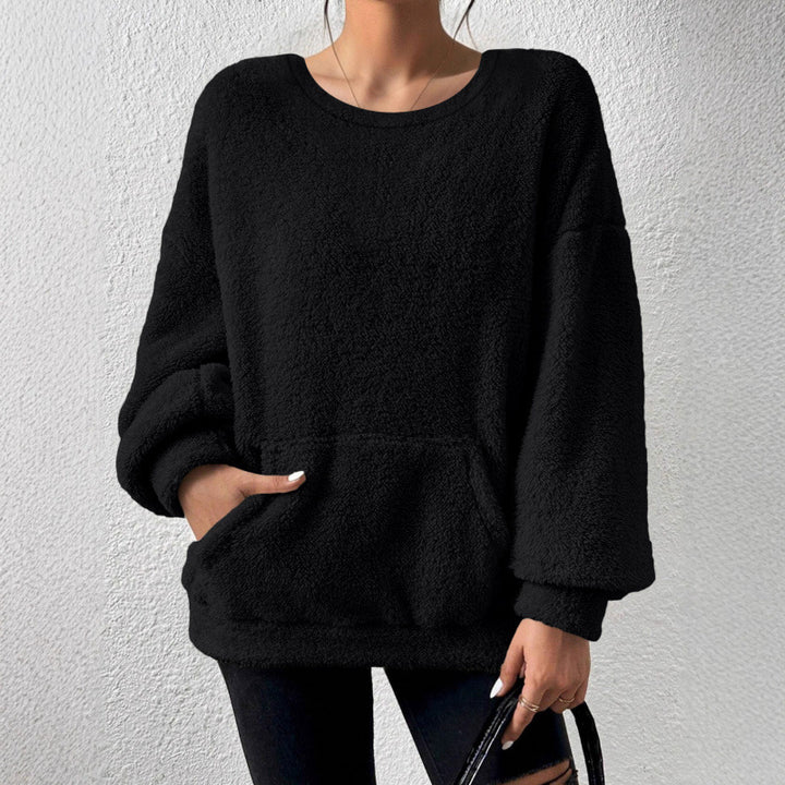 Damen Kuscheliger Oversize-Sherpa-Pullover mit Kängurutasche und Ballonärmeln Drune