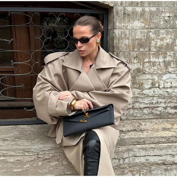 Damen Kurzer Trenchcoat mit Bindegürtel und Cape-Ärmeln Drune