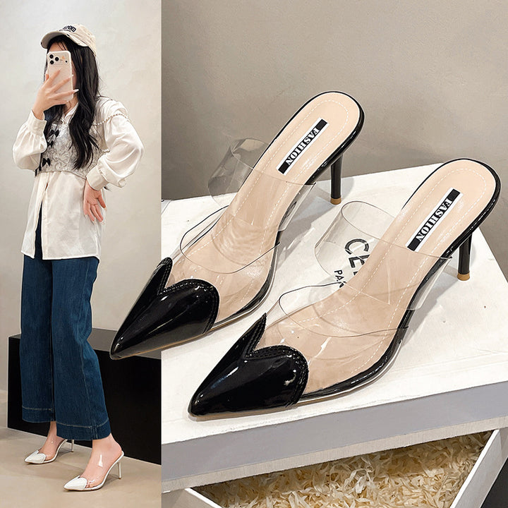 Damen Elegante spitze Mule-Pumps mit transparenten PVC-Riemen und Lackapplikationen Drune