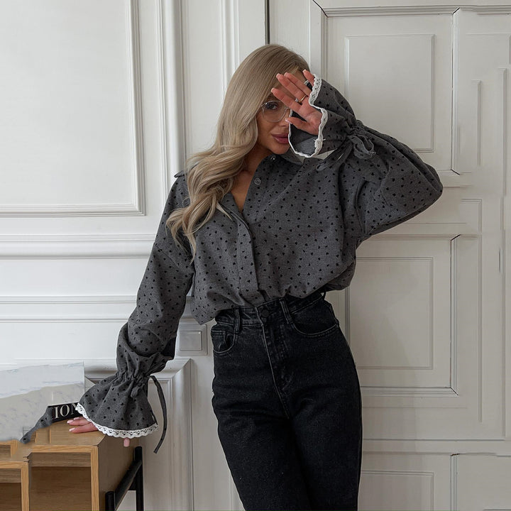 Damen Bluse mit Herzchenmuster und dekorativen Rüschendetails Drune