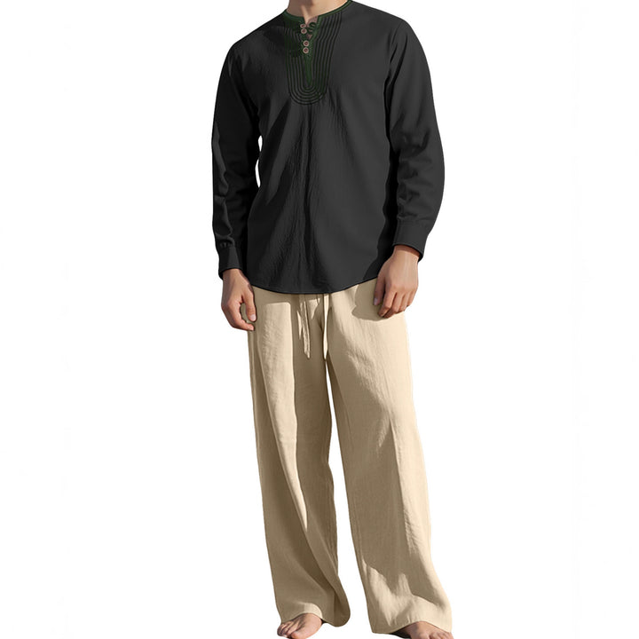Herren nan Tunika- und Palazzohose-Set mit Henley-Blende, Zierstickerei und weitem Schnitt Drune
