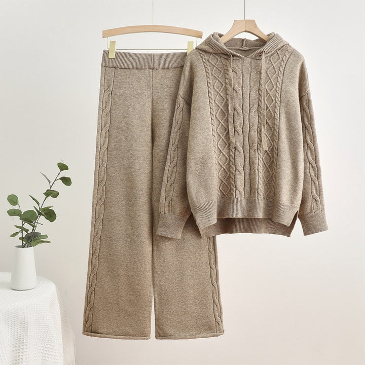 Damen lässiges Strick-Loungewear-Set mit Kapuze und breiten Beinen Drune