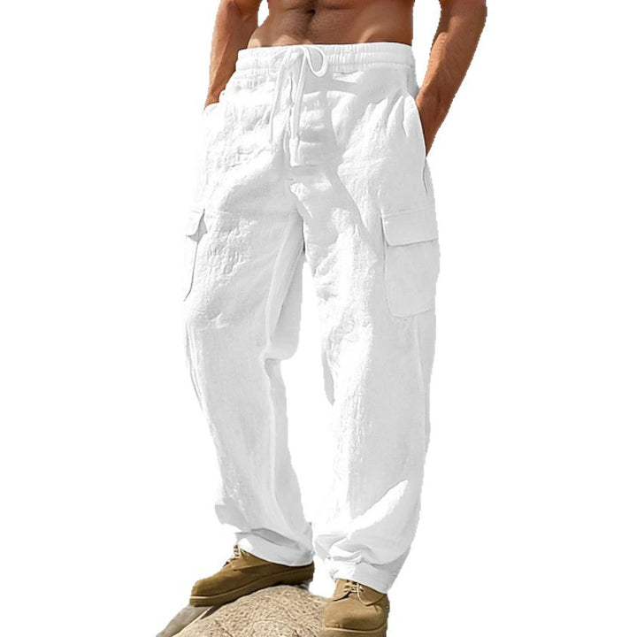 Herren weite Casual-Cargohose aus Leinen-Baumwollmix mit Elastikbund, Tunnelzug und großen Pattentaschen Drune