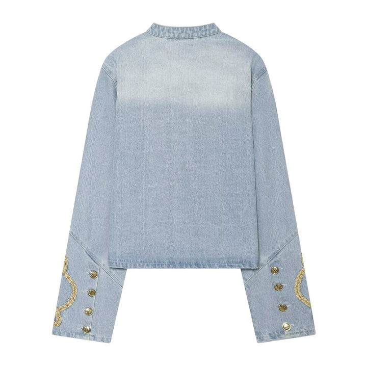 Damen Cropped Denim‑Militärblouson mit goldener Schnurverzierung Drune
