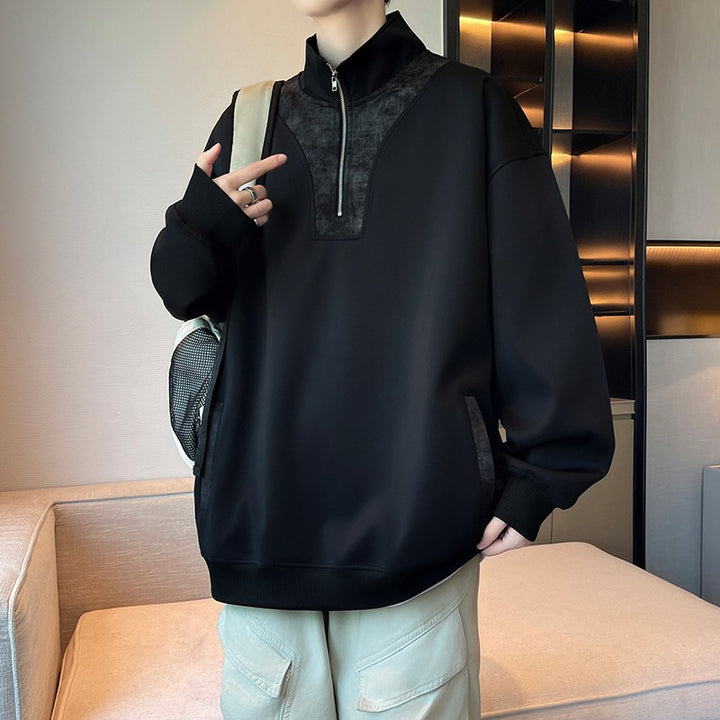 Herren Oversize Stehkragen-Halbzip-Sweatshirt mit Kängurutasche & Kontrast-Innenblende Drune