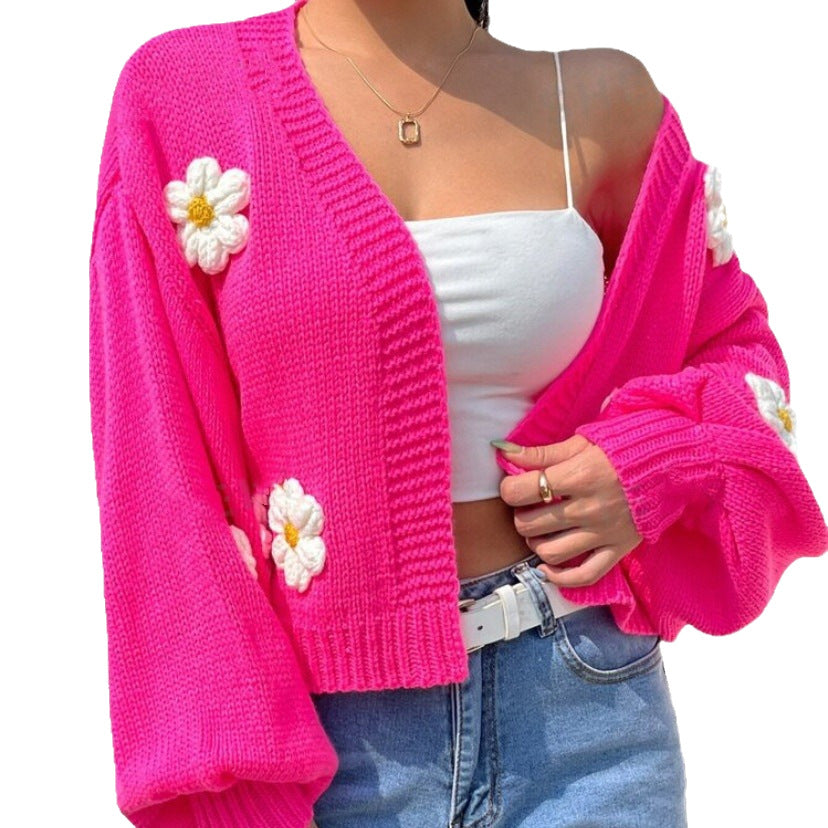 Damen Cropped-Cardigan aus Baumwollmix mit 3D-Blütenapplikationen Drune