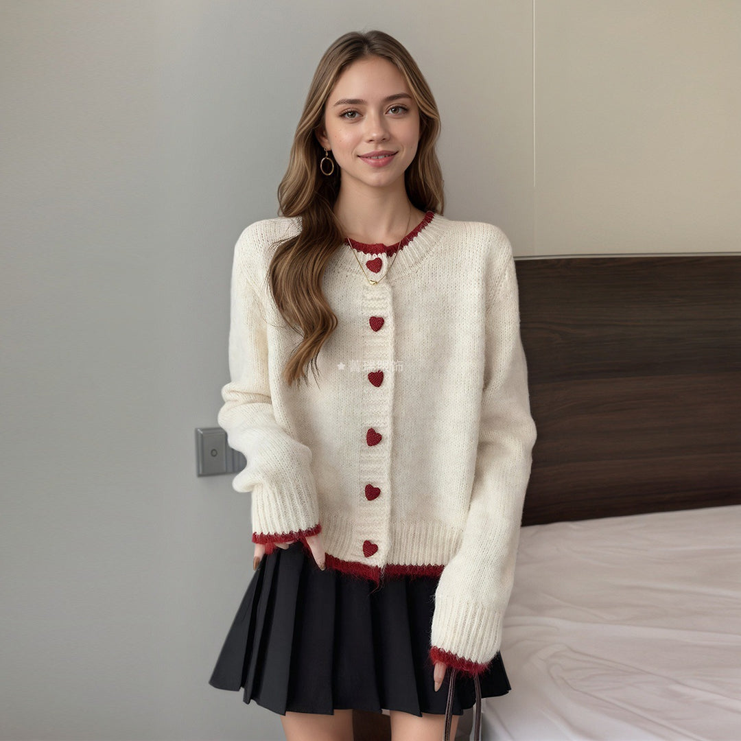 Damen Gemütlicher Strickcardigan mit Herzknöpfen Drune