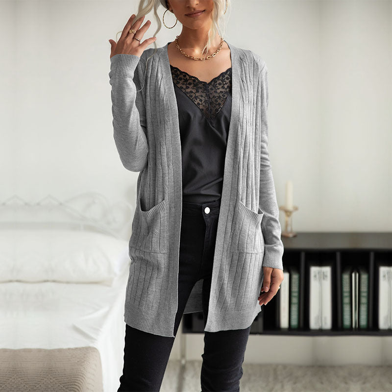 Damen Langer Feinstrick-Cardigan mit Rippenstruktur und Eingrifftaschen Drune
