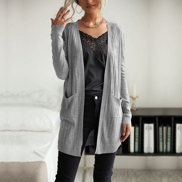 Damen Langer Feinstrick-Cardigan mit Rippenstruktur und Eingrifftaschen Drune