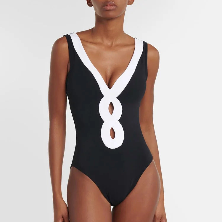 Damen eleganter V-Ausschnitt Schwimmanzug mit stilvollem Wickelrock Drune