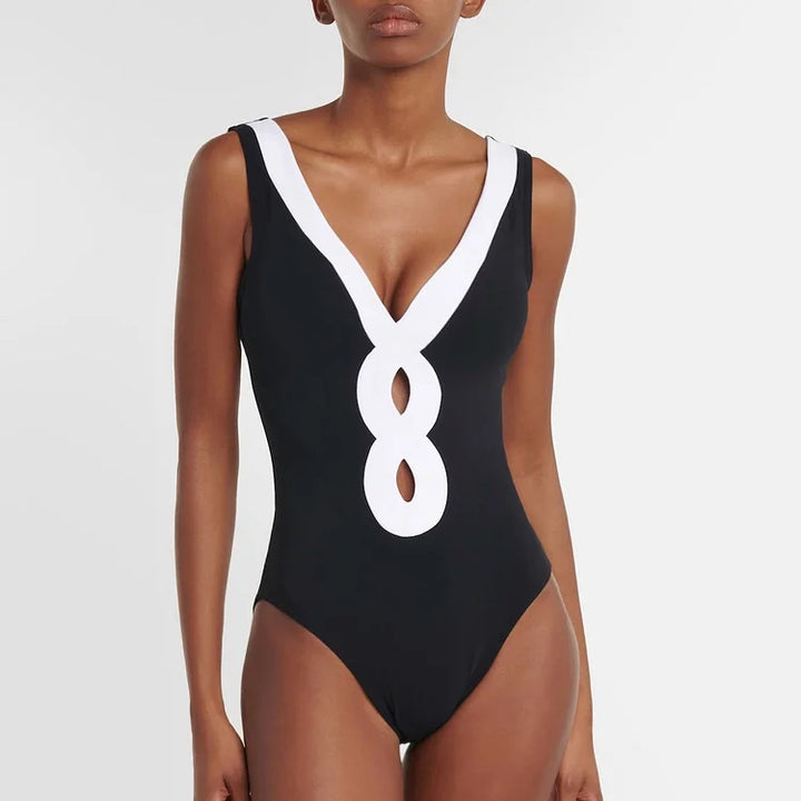 Damen eleganter V-Ausschnitt Schwimmanzug mit stilvollem Wickelrock Drune