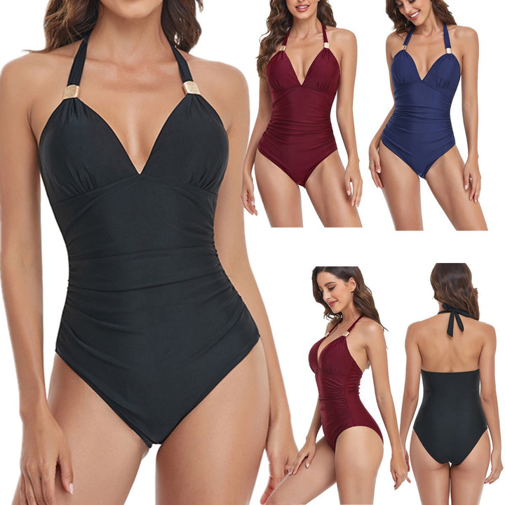 Damen Eleganter Einteiler Badeanzug mit tiefem V-Ausschnitt und modischen Trägern Drune
