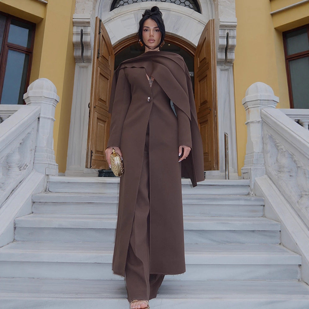 Damen Elegantes Mantelkleid mit Cape-Schulter und taillierter Silhouette Drune