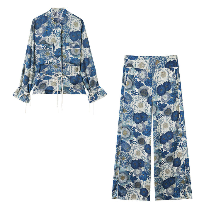 Damen Hochtaillierte weite Palazzohose mit floralem Jacquard-Print und Zierpaspeln Drune
