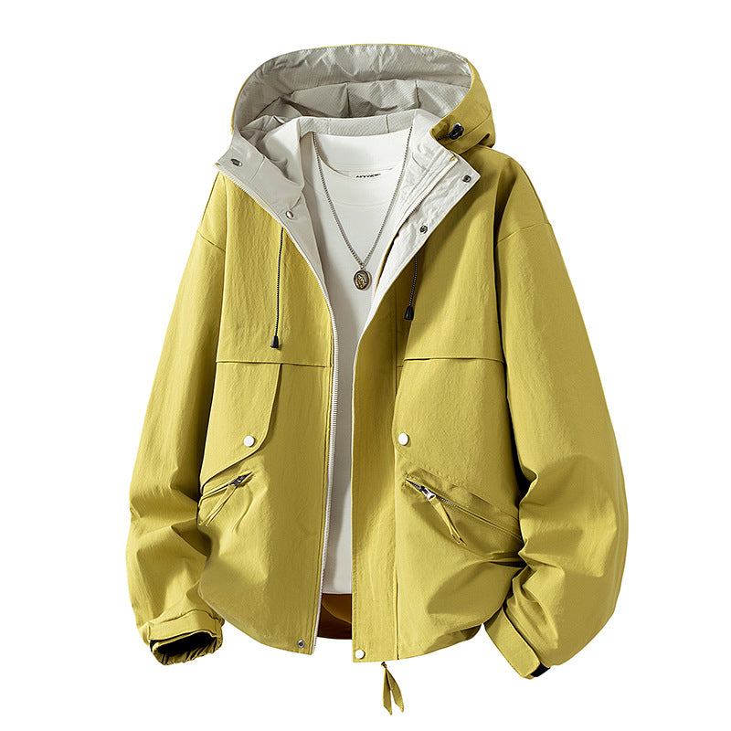 Unisex leichte windabweisende Übergangsjacke mit verstellbarer Kapuze, Kordelzug und Reißverschlusstaschen Drune